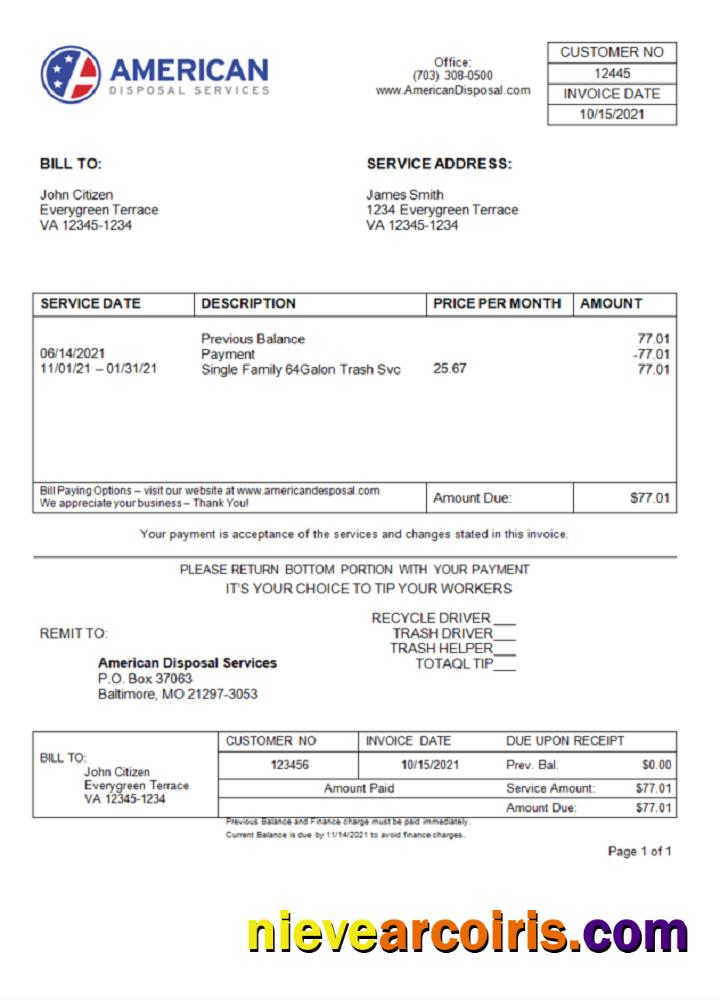 USA American Disposal invoice